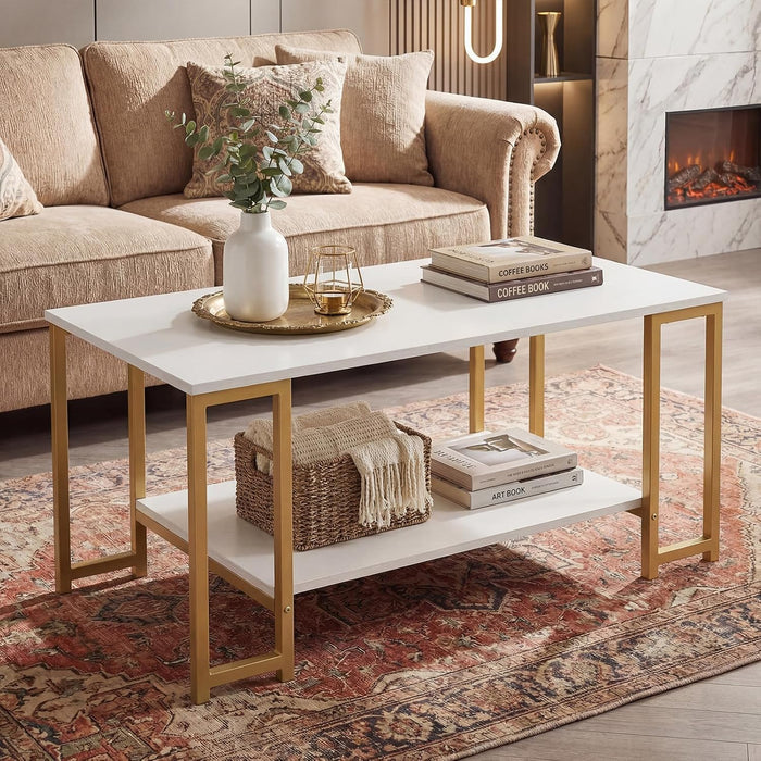 2-Tier Coffee Table with Storage, 39.5" Center Table, Gold & White/Coffee Table-Ouch Cart