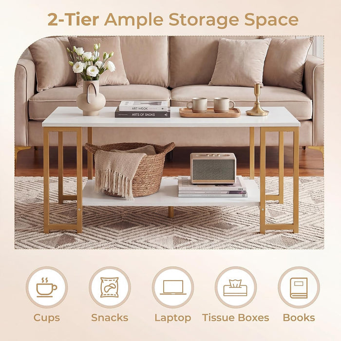 2-Tier Coffee Table with Storage, 39.5" Center Table, Gold & White