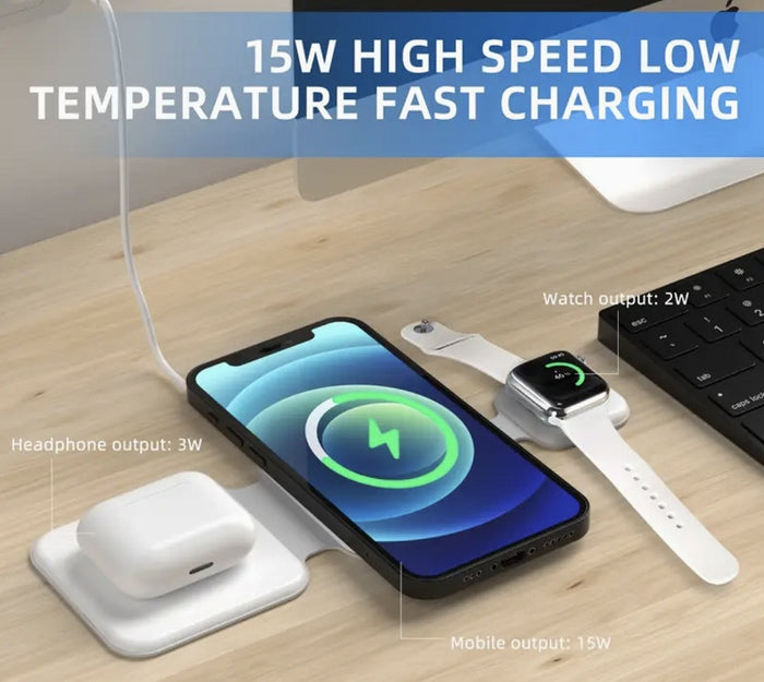 3-in-1 wireless charging station with 15W phone, earbuds and smartwatch charging