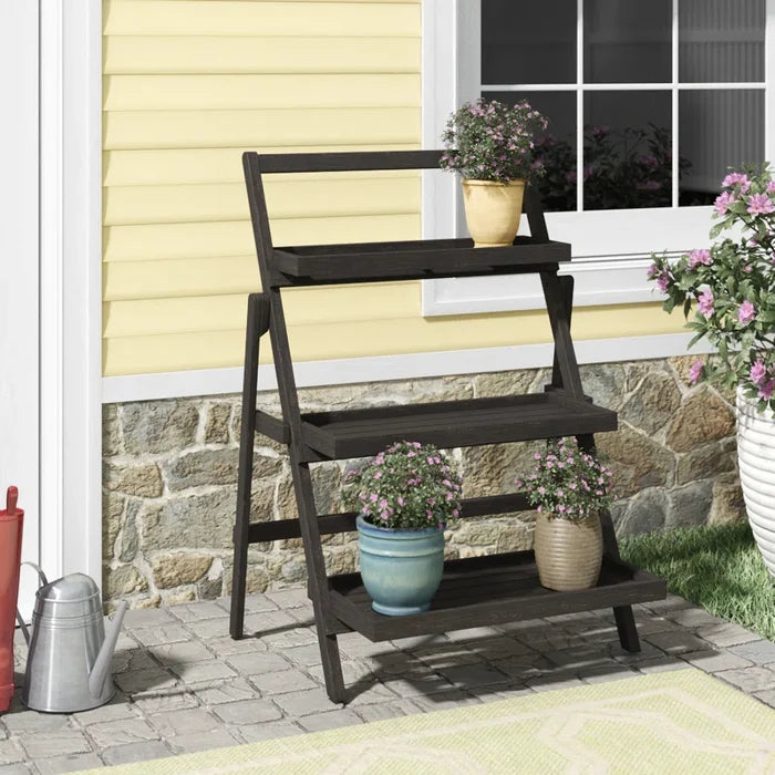 3-Tier Foldable Solid Wood Plant Stand – Black