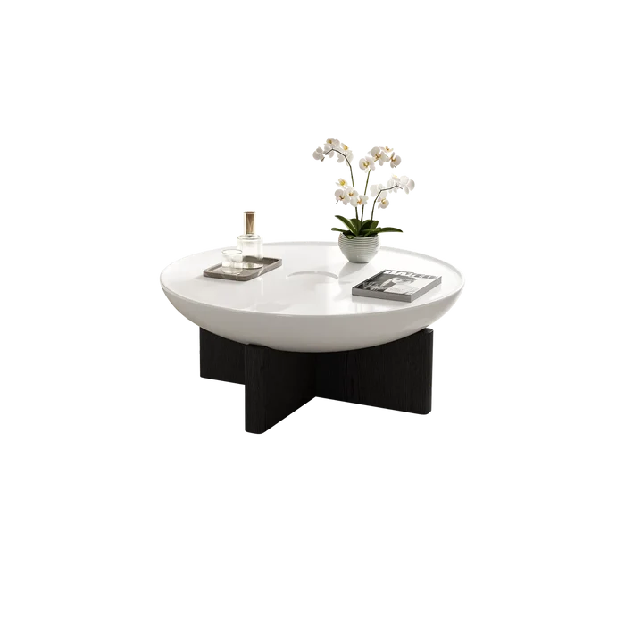 35.4" Round Coffee Table Morden Wood Coffee Table, White Top & Black Leg Coffee Table