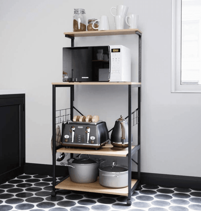 4 Tier Kitchen Organizer and Microwave Stand with Wheels and Side Hooks in Natural Finish - Ouch Cart