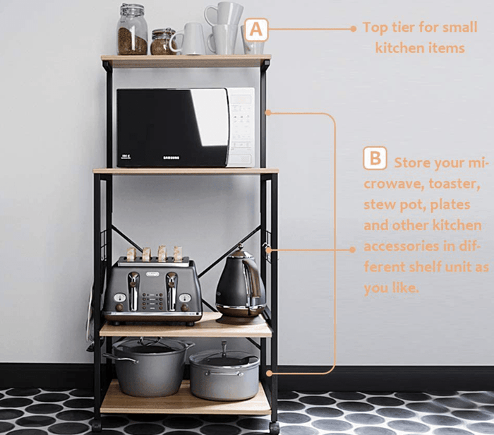4 Tier Kitchen Organizer and Microwave Stand with Wheels and Side Hooks in Natural Finish - Ouch Cart