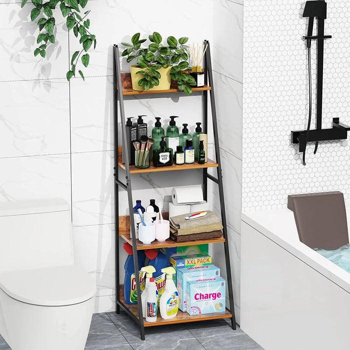 4-Tier Ladder Shelf, Wood Plant Flower Stand Storage Rack Shelf Steel Frame for Office and Home(Brown) - Ouch Cart