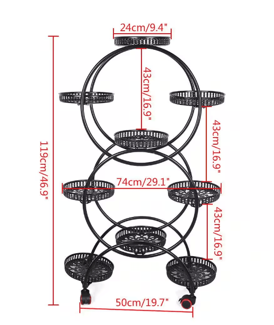 46.9 in. x 29.1 in. 9 Potted Multiple Indoor/Outdoor Black Metal Plant Stand Flower Pot Holder (6-Tier) - Ouch Cart