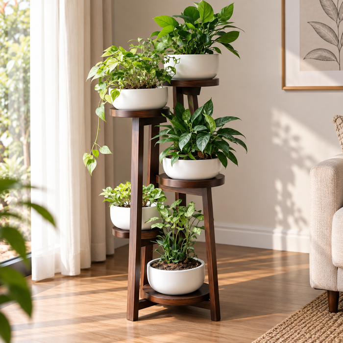 5 Tier Wooden Plant Stand for Indoor Plants | Solid Wood Multi-Level Plant Holder