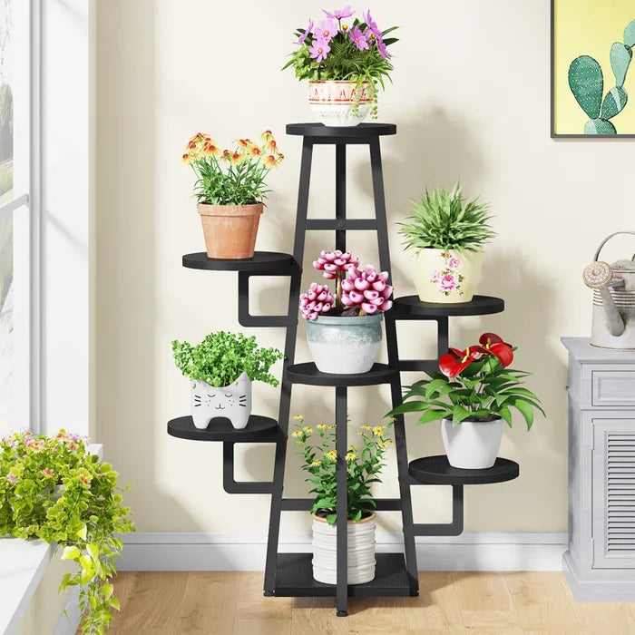 7-Tier Industrial Metal & Wood Corner Plant Stand