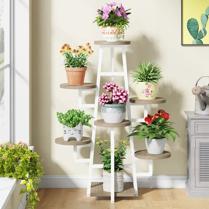 7-Tier Industrial Metal & Wood Corner Plant Stand