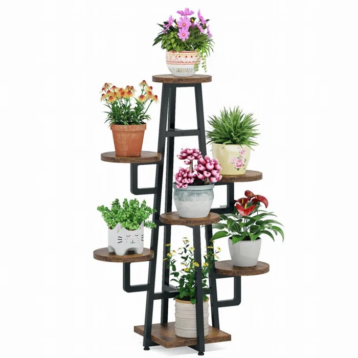7-Tier Industrial Metal & Wood Corner Plant Stand