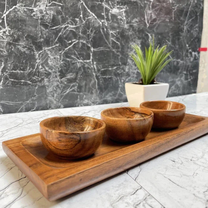 ACACIA WOOD SERVING TRAY WHIT 3 BOWL II FOOD GRADE - Ouch Cart