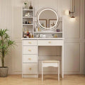 Alva Vanity Dressing Table Wood with Light Design Vanity Desk with Mirror and Lights, Makeup Vanity with Storage Drawer & Stool & 4 Shelves - Ouch Cart