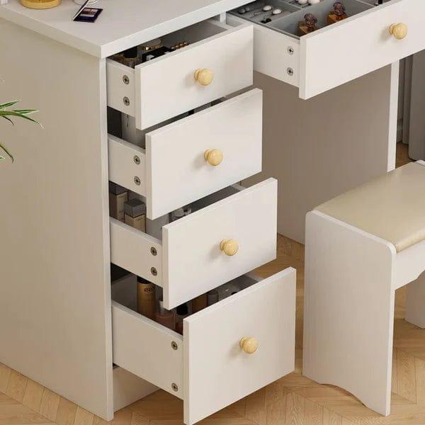 Alva Vanity Dressing Table Wood with Light Design Vanity Desk with Mirror and Lights, Makeup Vanity with Storage Drawer & Stool & 4 Shelves - Ouch Cart
