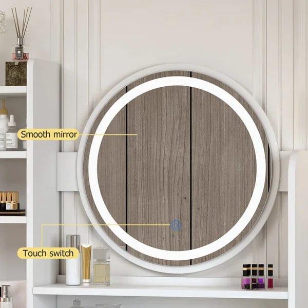 Alva Vanity Dressing Table Wood with Light Design Vanity Desk with Mirror and Lights, Makeup Vanity with Storage Drawer & Stool & 4 Shelves - Ouch Cart