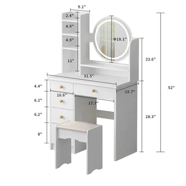 Alva Vanity Dressing Table Wood with Light Design Vanity Desk with Mirror and Lights, Makeup Vanity with Storage Drawer & Stool & 4 Shelves - Ouch Cart