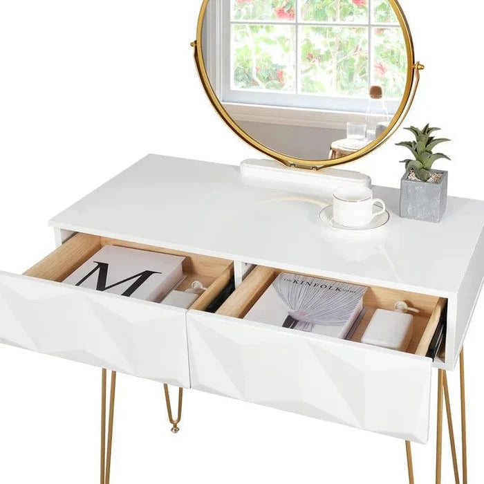 Armocity Vanity Desk with Mirror, Makeup Vanity with Stool, Vanity Table Set, Modern Dressing Table with 2 Storage Drawers for Bedroom, White - Ouch Cart
