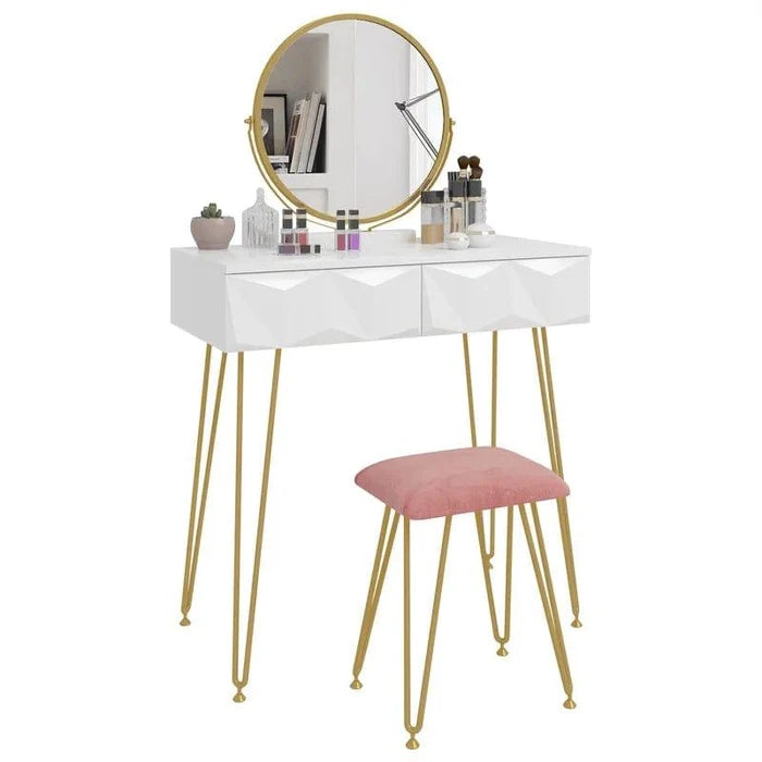 Armocity Vanity Desk with Mirror, Makeup Vanity with Stool, Vanity Table Set, Modern Dressing Table with 2 Storage Drawers for Bedroom, White - Ouch Cart