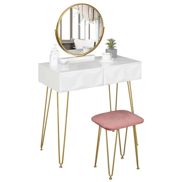 Armocity Vanity Desk with Mirror, Makeup Vanity with Stool, Vanity Table Set, Modern Dressing Table with 2 Storage Drawers for Bedroom, White - Ouch Cart