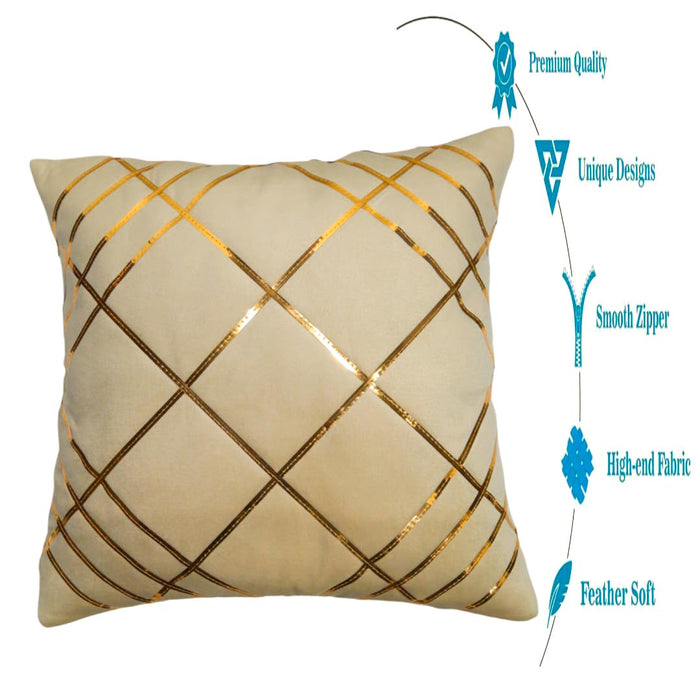 Beige & Gold Checked Velvet Cushion Covers, 16 x 16 Inch, Set of 5