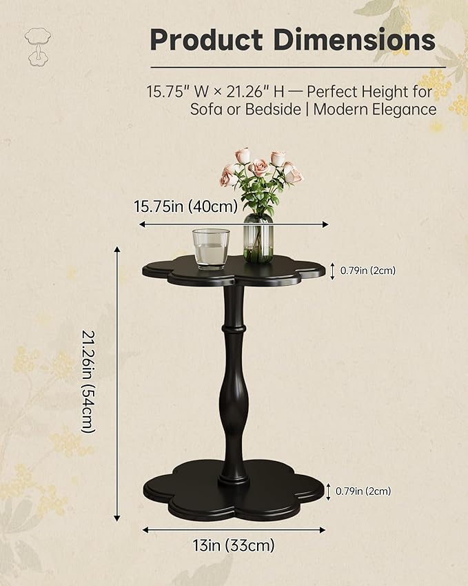 Black Solid Wood Pedestal Side Table, Flower Design Accent End Table for Sofa & Bedroom OUCH CART
