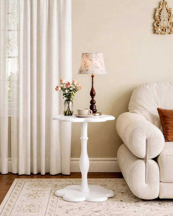Black Solid Wood Pedestal Side Table, Flower Design Accent End Table for Sofa & Bedroom OUCH CART