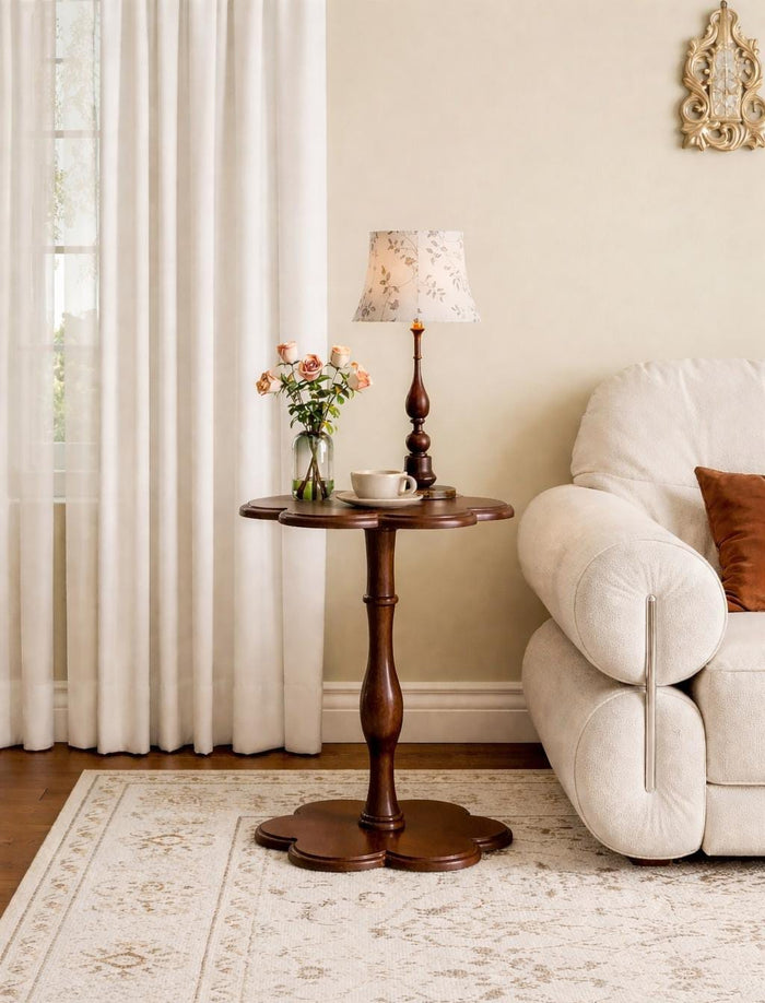 Black Solid Wood Pedestal Side Table, Flower Design Accent End Table for Sofa & Bedroom OUCH CART