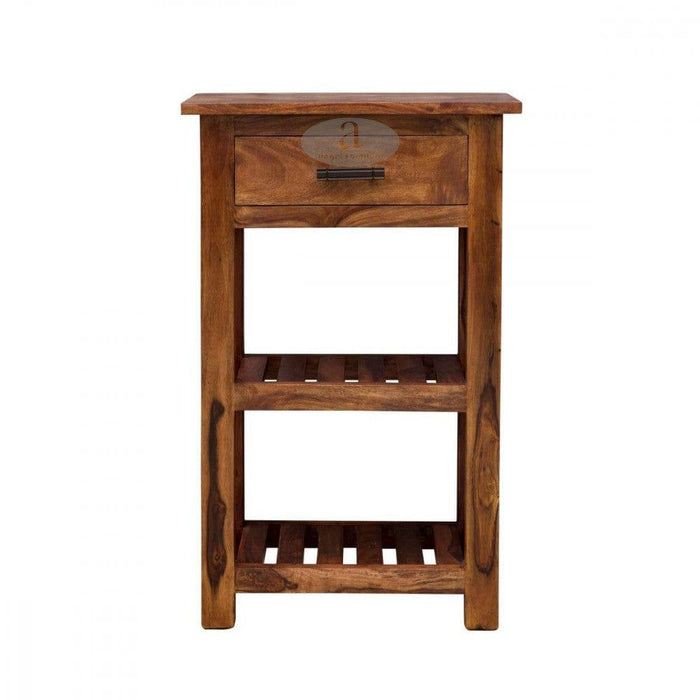 Boston Tallboy Corner table with drawer in honey finish - Ouch Cart