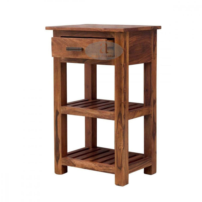 Boston Tallboy Corner table with drawer in honey finish - Ouch Cart