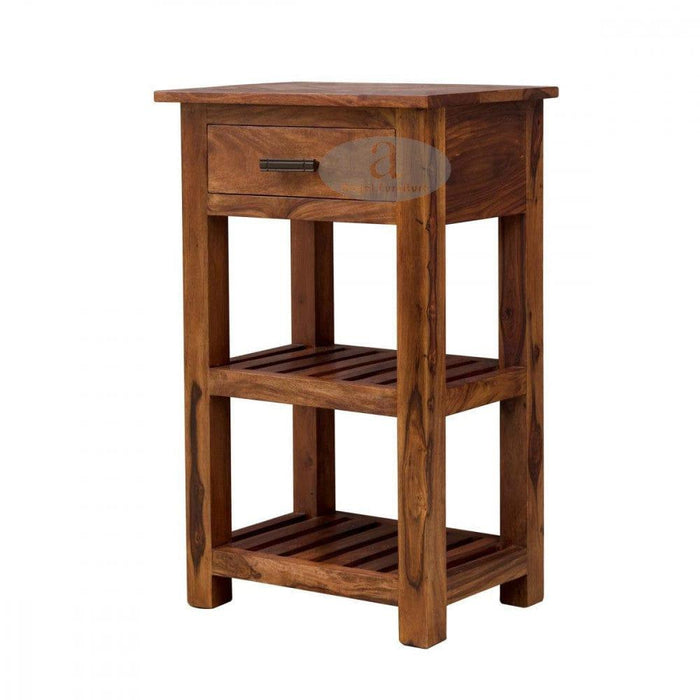 Boston Tallboy Corner table with drawer in honey finish - Ouch Cart