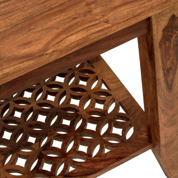 Carved net Side Table in Honey Finish - Ouch Cart