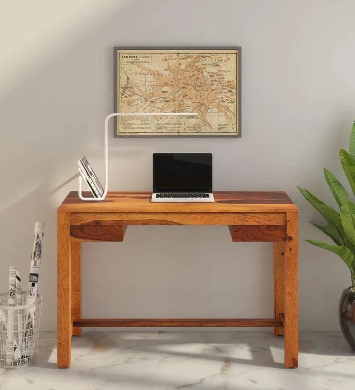 Claire Sheesham Wood Writing Table In Rustic Teak Finish, - Ouch Cart