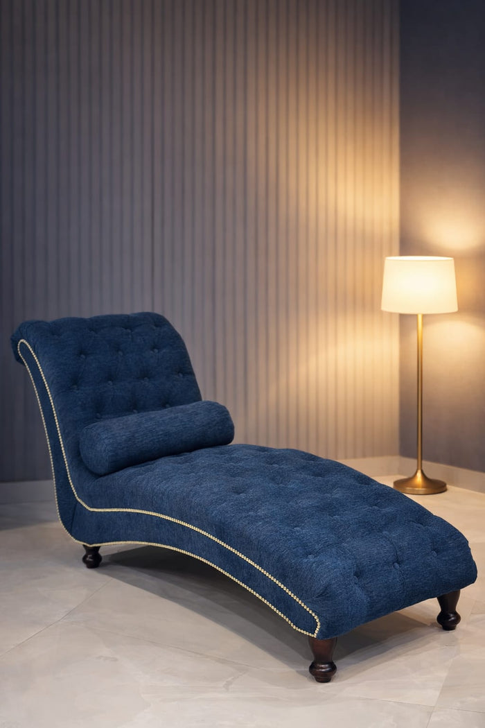 Classic Tufted Chaise Lounge in Blue Fabric | Elegant Accent Lounger OUCH CART