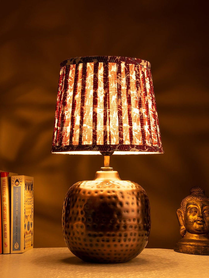 Copper Hammered Pot Lamp with Pleeted Multicolor Maroon Shade - Ouch Cart