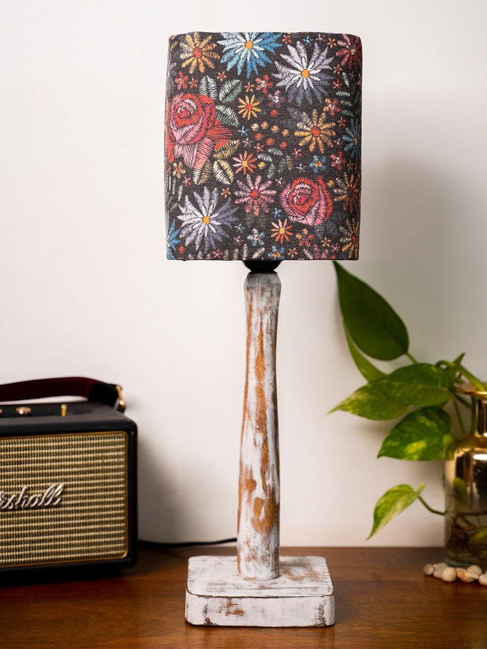 Curve Distress white Lamp with Black flowers shade - Ouch Cart