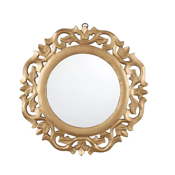 Decorative & Hand Crafted Wooden Mirror in Rich Gold Finish ( 14”x14 x1), Round, Wall mounting, Framed - Ouch Cart