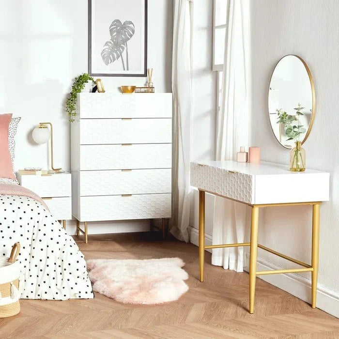 Desk with 2 Drawers, Nail Table Made of Wood, Metal Frame, Manicure Table, White Gold, Dressing Table without Mirror, Modern, Computer Desk, Living Room - Ouch Cart