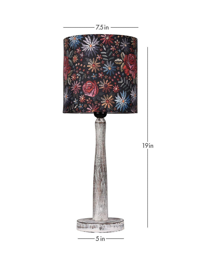 Distress White Wooden Lamp with Black Floral Stitch Shade - Ouch Cart