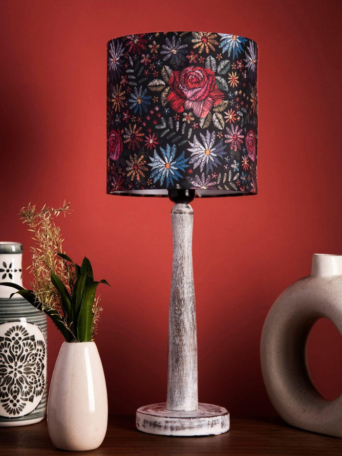 Distress White Wooden Lamp with Black Floral Stitch Shade - Ouch Cart