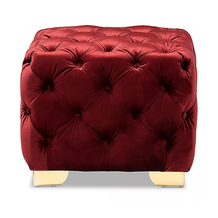 DOE BUCK SQUARE VELVET OTTOMAN/POUFEE IN BURGUNDY /GOLD - Ouch Cart