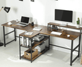 Double Computer Desk with Storage Shelves in Rustic Brown Color - Ouch Cart