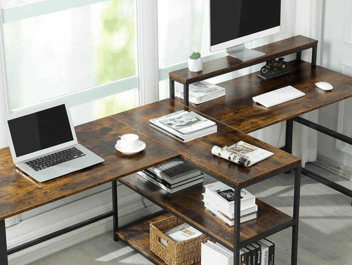 Double Computer Desk with Storage Shelves in Rustic Brown Color - Ouch Cart