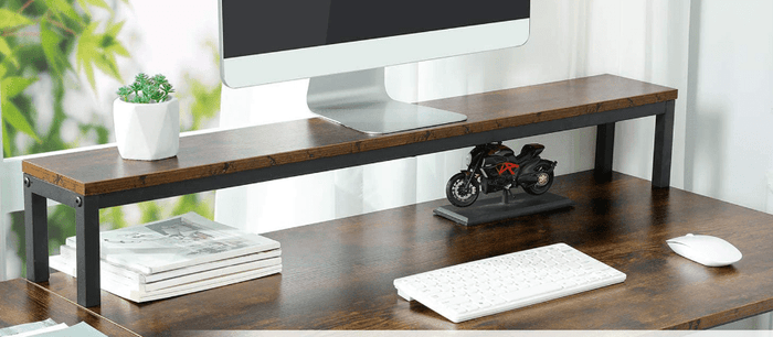 Double Computer Desk with Storage Shelves in Rustic Brown Color - Ouch Cart