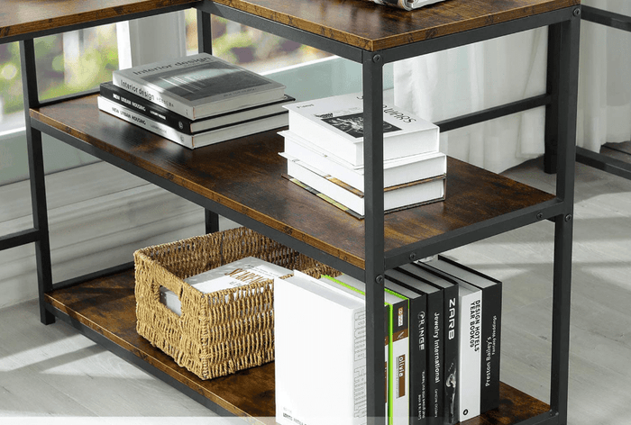 Double Computer Desk with Storage Shelves in Rustic Brown Color - Ouch Cart