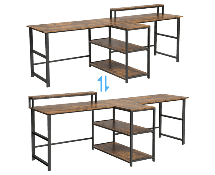 Double Computer Desk with Storage Shelves in Rustic Brown Color - Ouch Cart