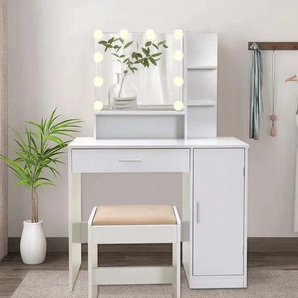 Dylan Vanity dressing table with storage Life Vanity Desk Set with Mirror and Lights | White Makeup Dressing Table with one Drawer & one Cabinet | Lighting Adjustable Brightness | Suitable for Bedroom/Bathroom | Wooden - Ouch Cart