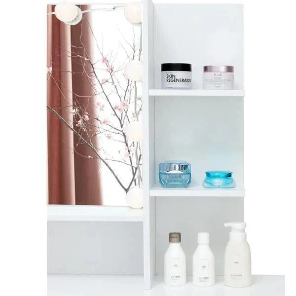 Dylan Vanity dressing table with storage Life Vanity Desk Set with Mirror and Lights | White Makeup Dressing Table with one Drawer & one Cabinet | Lighting Adjustable Brightness | Suitable for Bedroom/Bathroom | Wooden - Ouch Cart