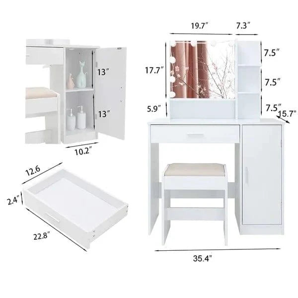 Dylan Vanity dressing table with storage Life Vanity Desk Set with Mirror and Lights | White Makeup Dressing Table with one Drawer & one Cabinet | Lighting Adjustable Brightness | Suitable for Bedroom/Bathroom | Wooden - Ouch Cart