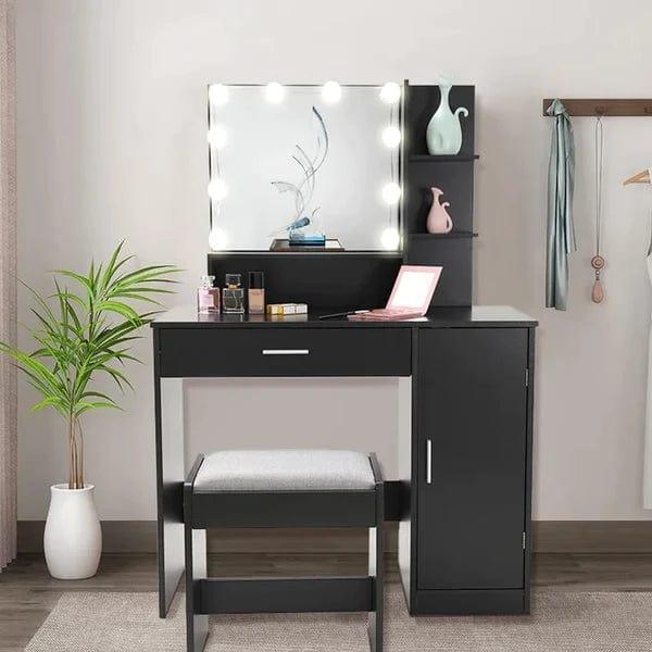 Dylan Vanity dressing table with storage Life Vanity Desk Set with Mirror and Lights | White Makeup Dressing Table with one Drawer & one Cabinet | Lighting Adjustable Brightness | Suitable for Bedroom/Bathroom | Wooden - Ouch Cart