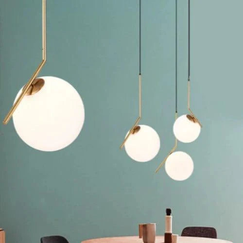 Elegant Modern Led Pendant Round Ball Lights In Glass & Gold Metal - Ouch Cart
