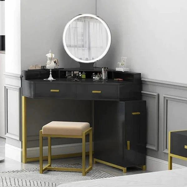 Ewa Vanity Dressing Table with Mirror & Stool | Makeup Vanity Desk Black Vanity Table Dressing Table with Drawers Vanity Desk with Mirror Makeup Table for Bedroom Bathroom - Black - Ouch Cart