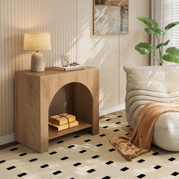 Farmhouse Arched Nightstand with Open Shelf – Rustic Wooden Bedside Table for Small Spaces
